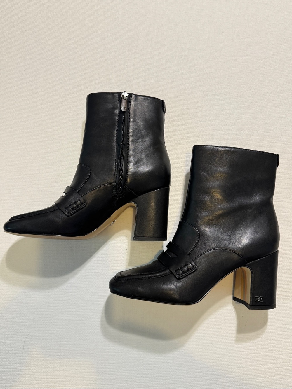 Sam Edelman Fenna Black Leather Almond Toe Block Heeled Ankle Boots Size 5.5
